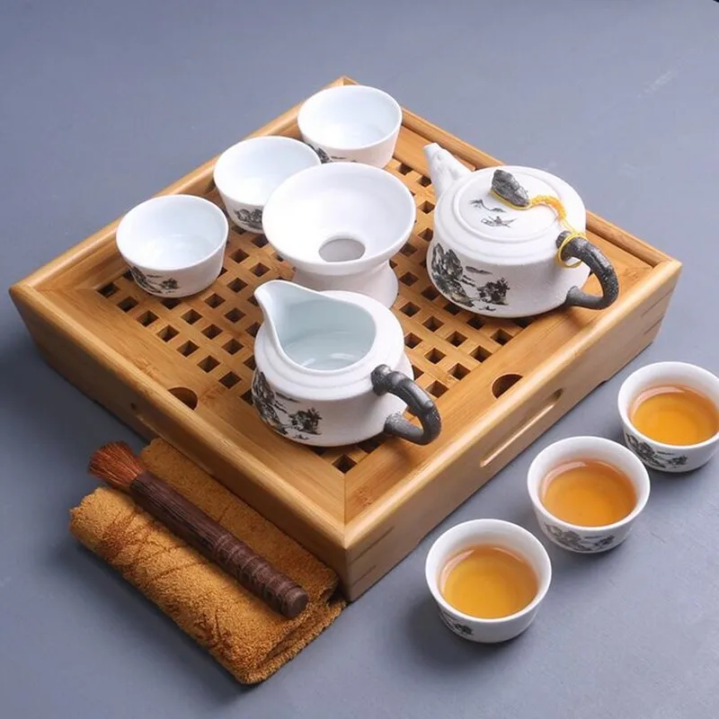 Mini Natural Bamboo Gongfu Tea Serving Tray With Snowflake Glaze Tea