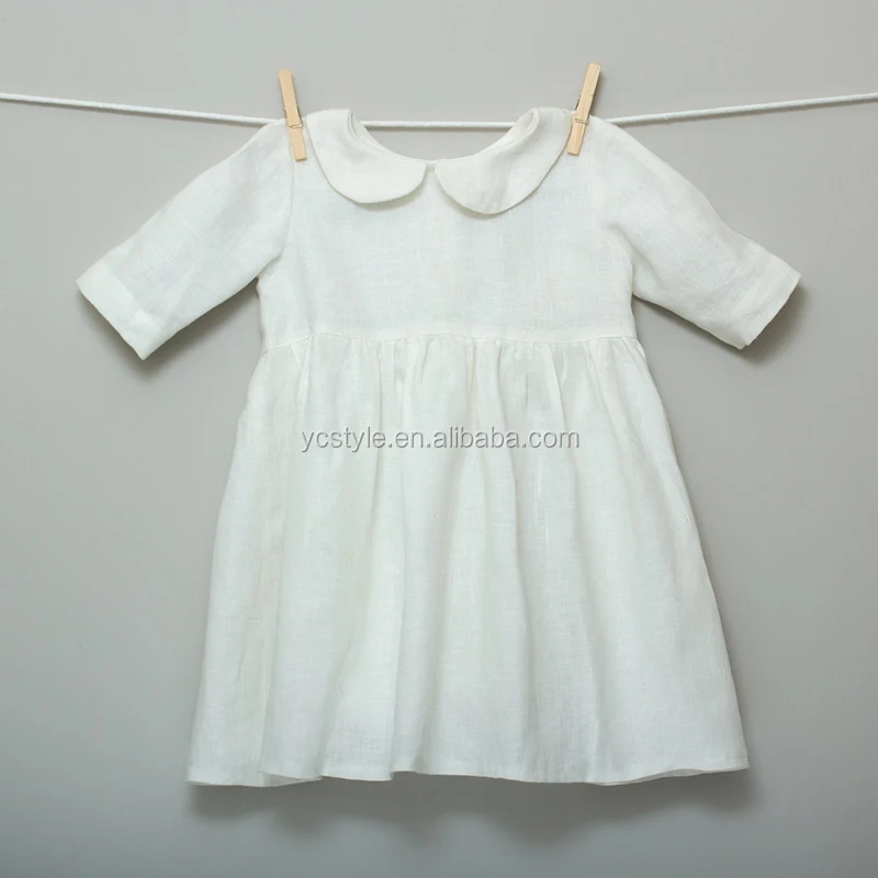 Baby Toddler Girls White Linen Dress With Peter Pan Collar,White Collar