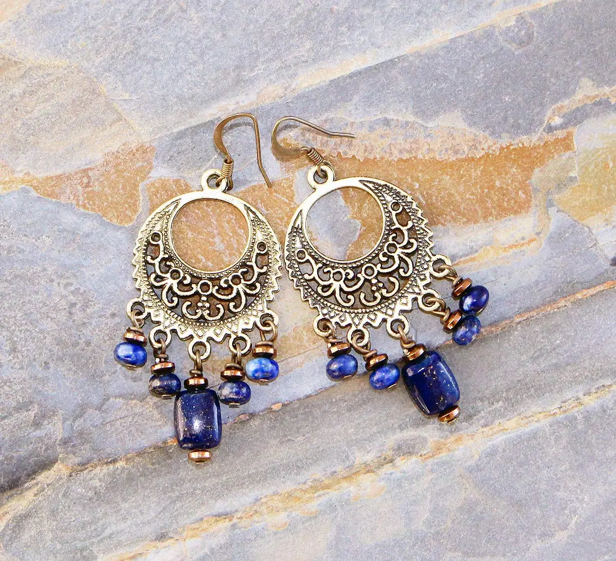 Bohemian Earrings, Lapis Lazuli Earrings, Brass Earrings, Chandelier Earrings, Handmade Earrings, Fall Earring, Gypsy Earrings, Blue Earring