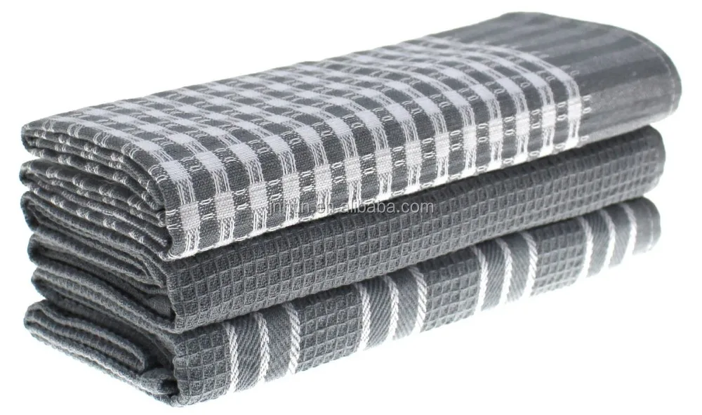 100 Cotton Gray And White Kitchen Tea Towel Dish Towel Set Of 3pcs