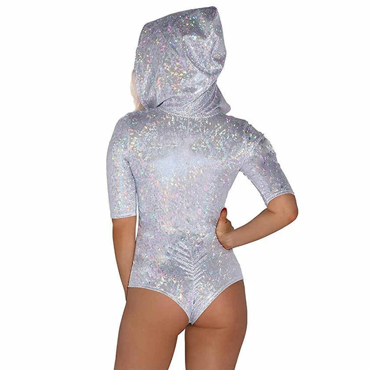Holographic Lace-Up Thong Bodysuit with Cutout Halter