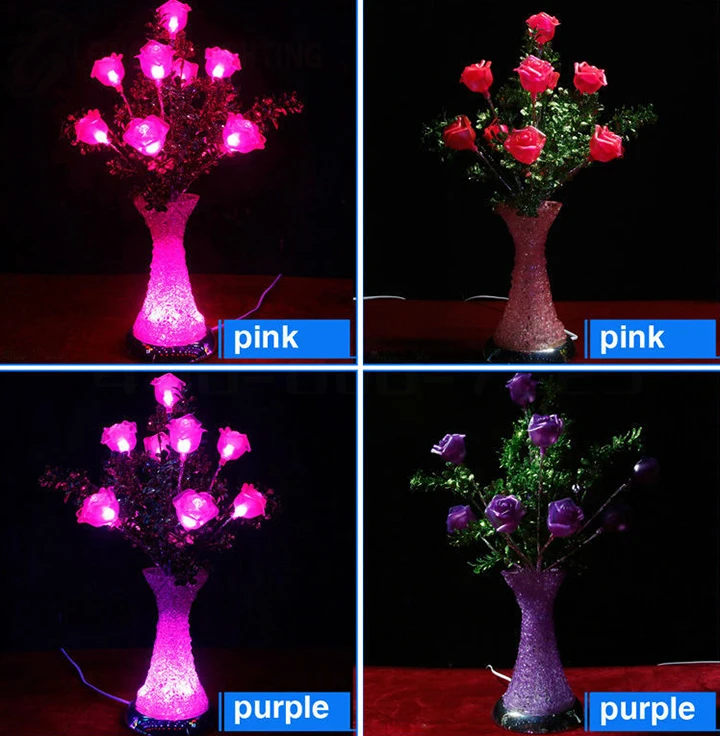 H0.5m W 0.25m Led Pink Roses Crystal Light Vase For Table Decorations