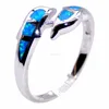 Lovely 925 Sterling Silver Blue Opal Sea Style Jewelry Double Dolphin Ring