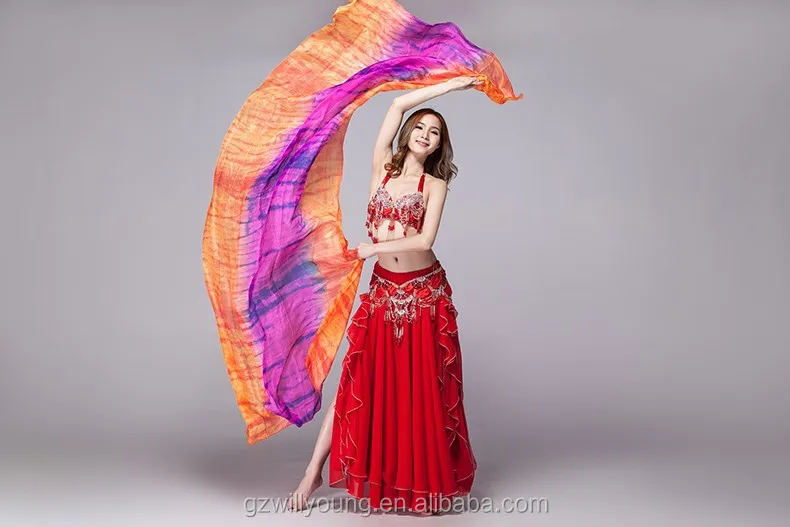 New Women Tie-dyed Belly Dance Fan Veils long Silk Fan Bamboo Fans Hand Made Hot