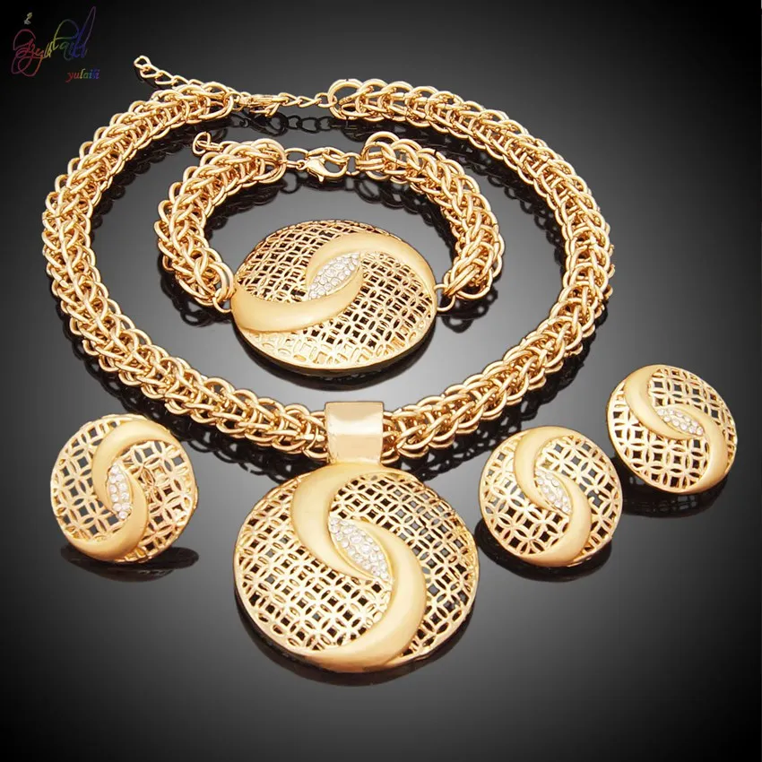Latest Luxury Big Dubai Gold Plated Crystal Necklace Jewelry Sets