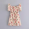 MAY367 Explosion women's fashion European print single-breasted puff sleeve dress Summer