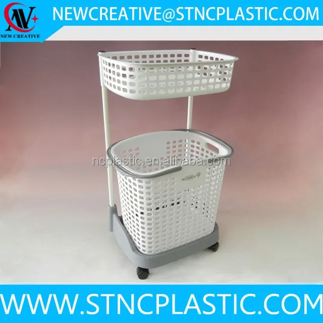 Collapsible 2 Tier Plastic Laundry Baskets With Wheels Storage Basket