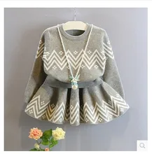 new 2016 autumn winter kids clothing fashion grey baby girls clothes sets long-sleeve sweater + skirt children tracksuit