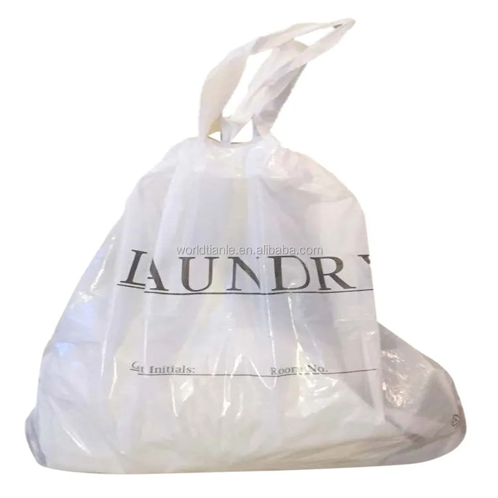 White Biodegradable Plastics Hotel Drawstring Laundry Bag With Tear Tie