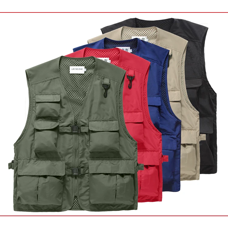 Man's Multi Pocket Vest Photography Vest Men Waistcoat Of Photographer Gray Red Colors 2xl