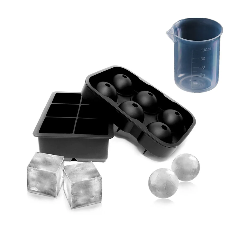 Chilling Whiskey Set of 2 Silicone Ice Cube Trays  Sphere Round Ice Ball Maker and Large Square Ice Cube Mold