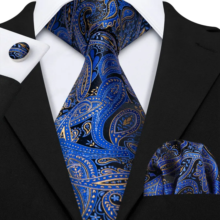 Blue Paisley Jacquard Woven Silk Men Necktie Hanky Cufflinks Set - Buy ...