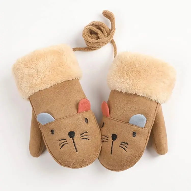 2 Pairs Kids Cute Winter Warm Mittens Faux Suede Mittens Thick Fleece Lined Gloves with String