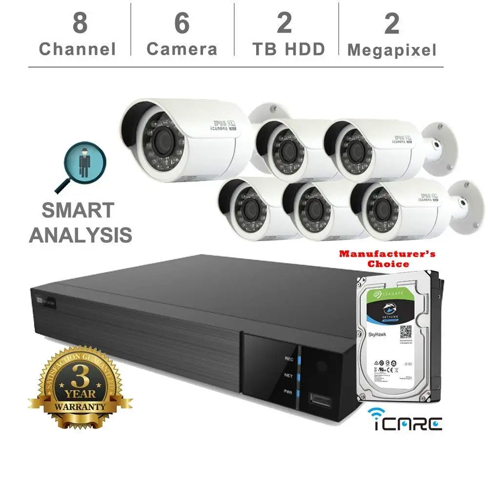 iCare-DVR Smart Analysis DVR Security Kits: 8CH 5 in 1 DVR w/2TB Security HDD+ (6) 2MP Outdoor IR White Bullet (3 Years Warranty; Local US Support)