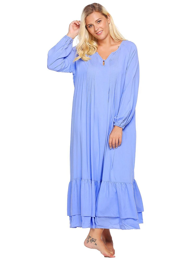 Plus Size Blue Maxi Long Sleeve 100% Cotton Nightgown - Buy Cotton