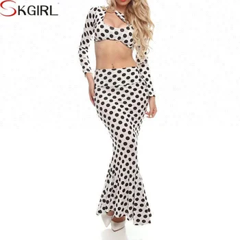Plus Size Long Sleeve Polka Dot Tail Fishtail Crop Top Plus Size Long Sleeve Polka Dot Tail Fishtail Crop Top And Skirt Set