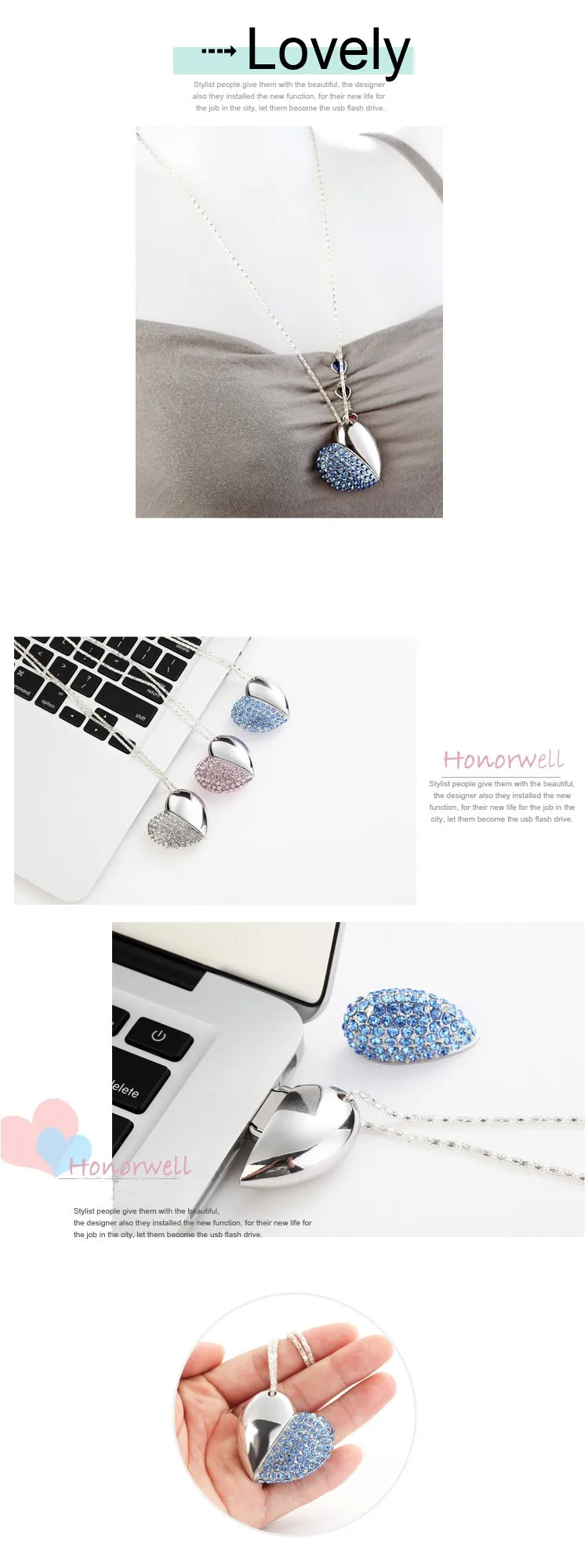 热卖USB 2.0闪存驱动器3.0 8gb 16gb 32gb 64GB心形笔式驱动器，带钻石项链各种尺寸USB珠宝