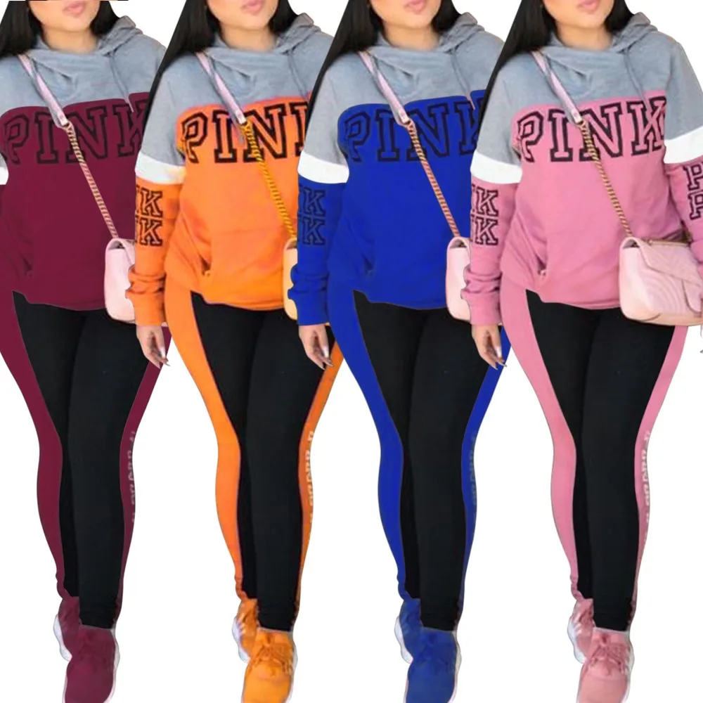 Pink Letter Print Tracksuit Women Plus Size Sweatsuit Hoodies Tops And