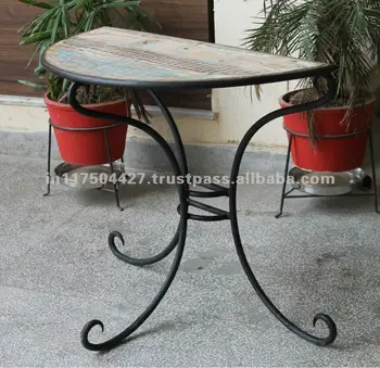 Half Round Table With Recycled Wooden Top And Iron Base Half Round Table With Recycled Wooden