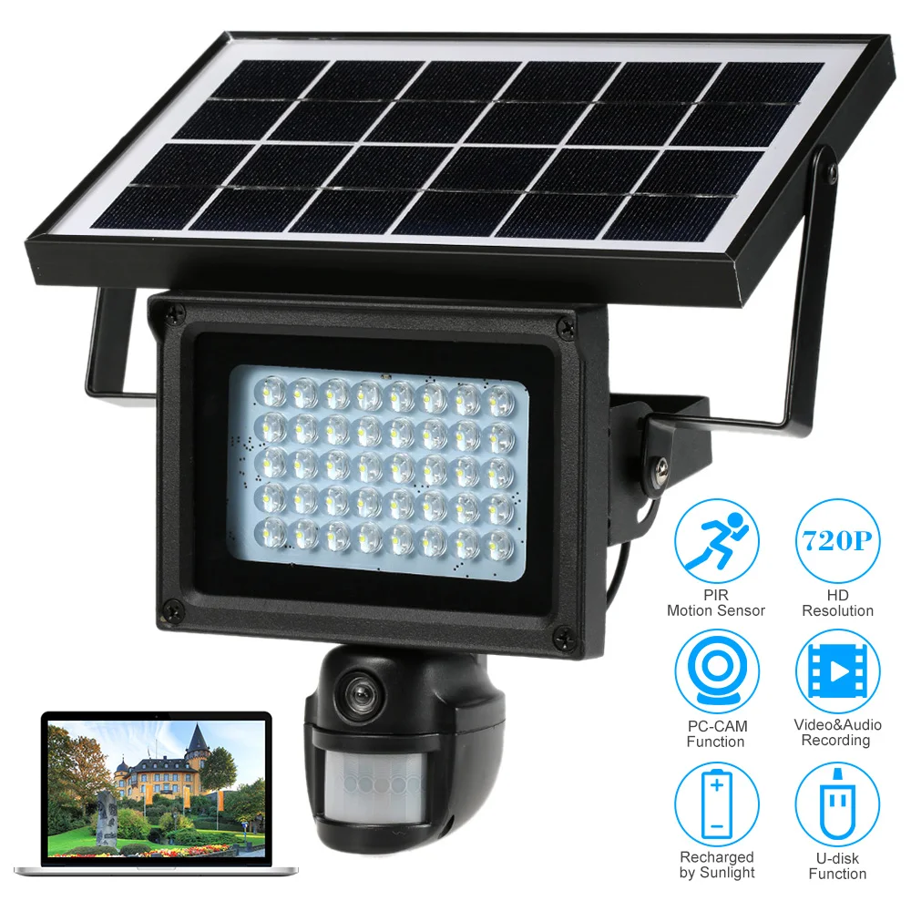 Solar powered outdoor security guardcam led pir motion light with camera