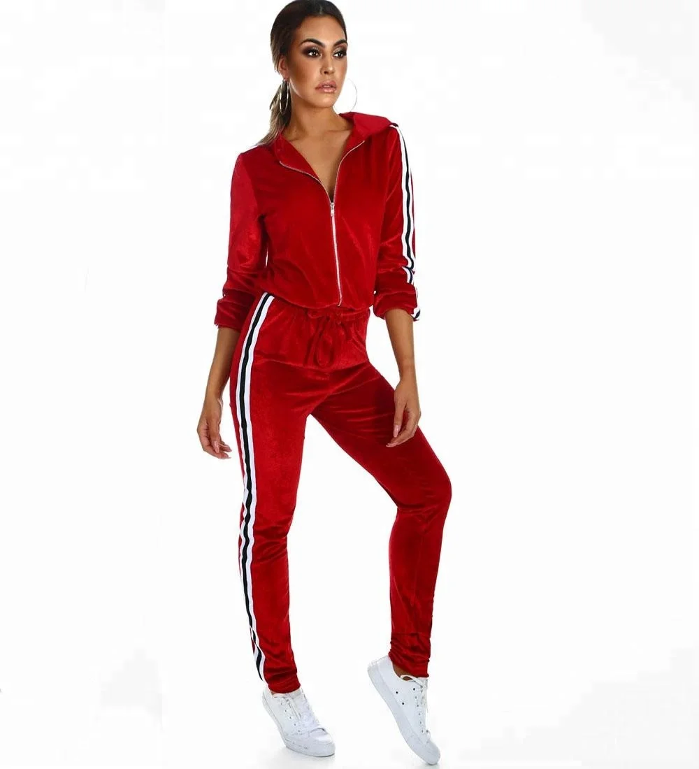 Custom Logo Red Quality Velvet Tracksuits For Women Plain Polyester ...