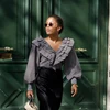 OOTN Ruffle Gingham Shirts For Women Lantern Long Sleeve Flouncing Top Plaid Tunic Blouse Vintage V Neck Slim Blouse For Ladies