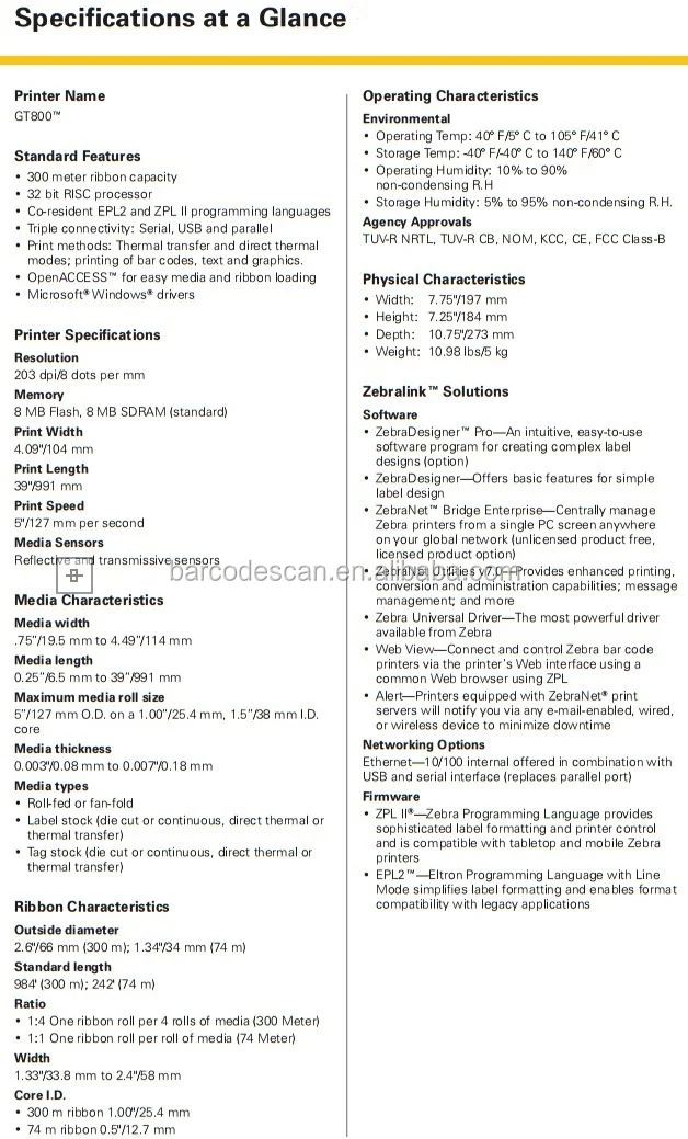 zebra gt800 specification