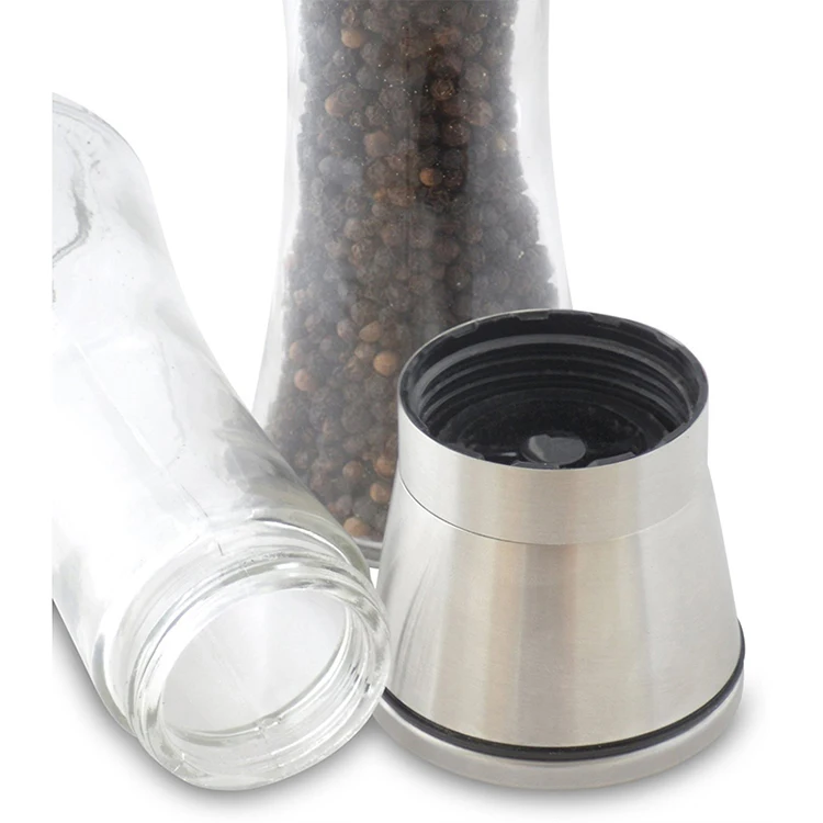 2019 New Trend Product Hot Sale kitchen accessories Manual 304 Stainless Steel Caps Glass Salt Pepper Grinder
