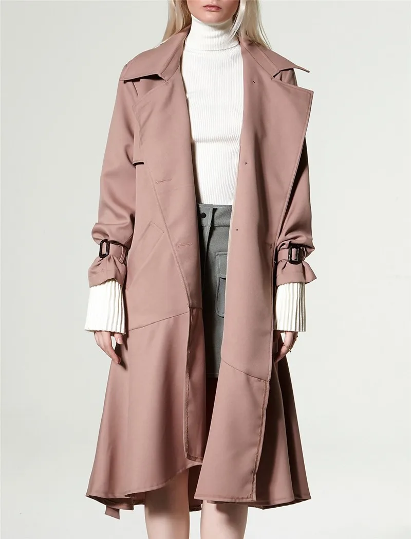 Women Sweet Pink Polyester Ruffle Belt Trench Coat - Buy Pink Polyester ...