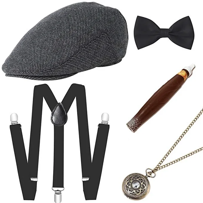 1920s Mens Costume Accessories Set Gatsby Ivy Newsboy Hat Caps,1920s Gangster Vest,Plastic Cigar,Tie