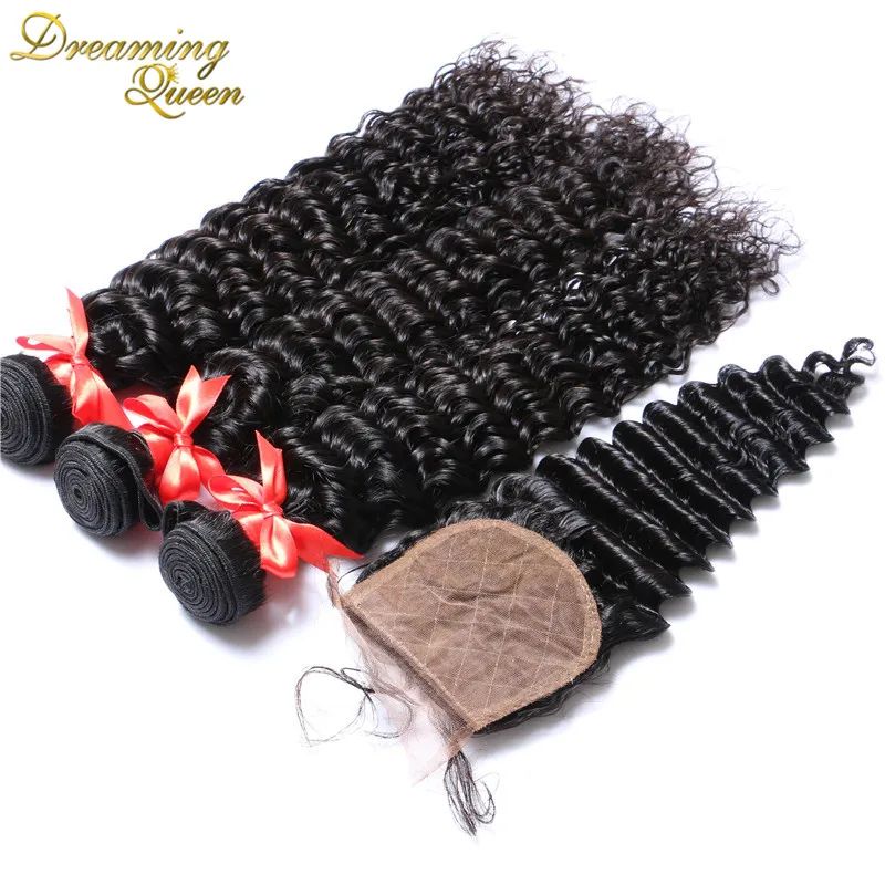 Brazilian Deep Wave Virgin Hair With Silk Base Closure Deep Curly Hair Weft With Closure Human