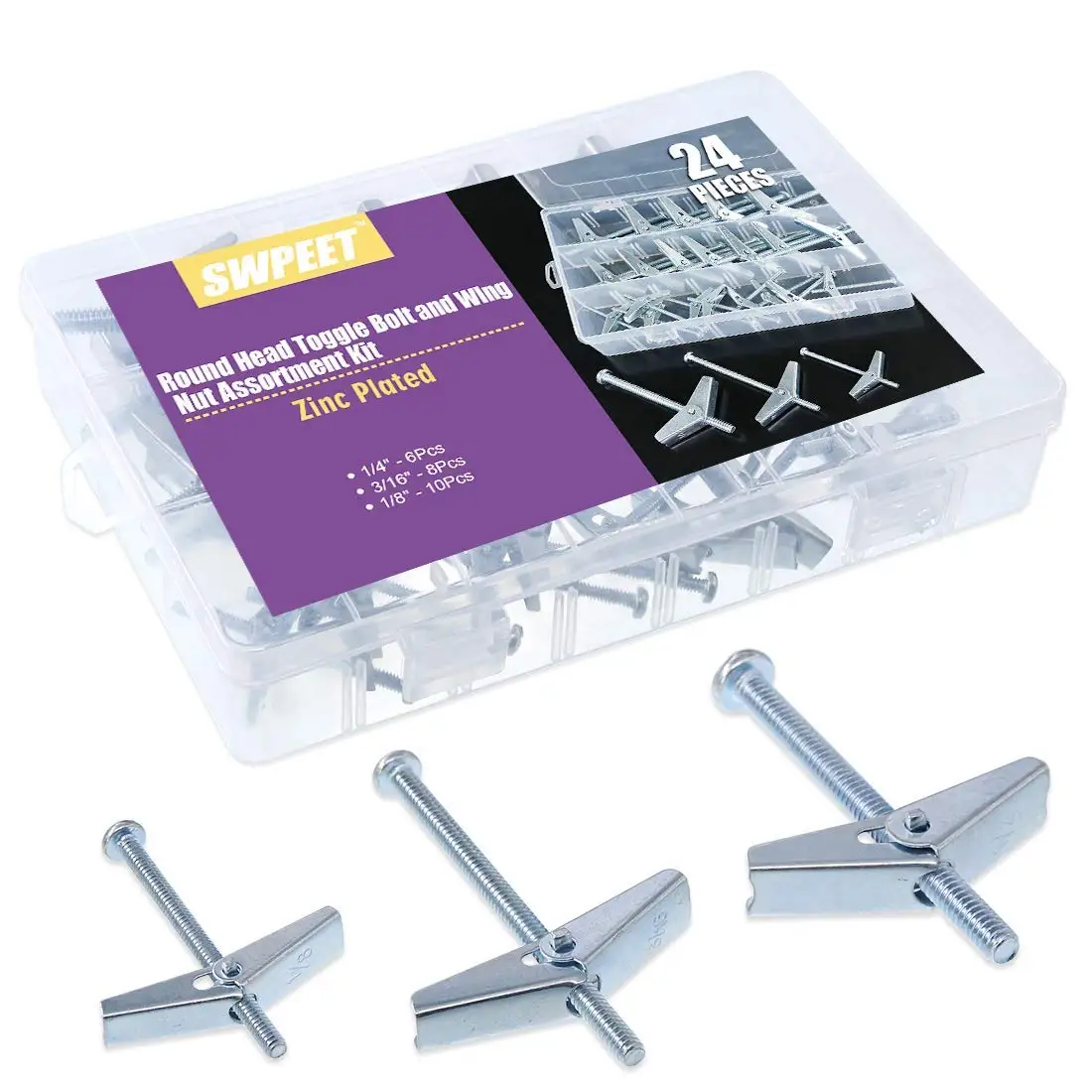 Rustark 24-Pcs 1//4 1//8 3//16 Zinc Plated Steel Round Head Toggle Bolt and Wing Nut Assortment Kit for Hanging Heavy Items on Drywall
