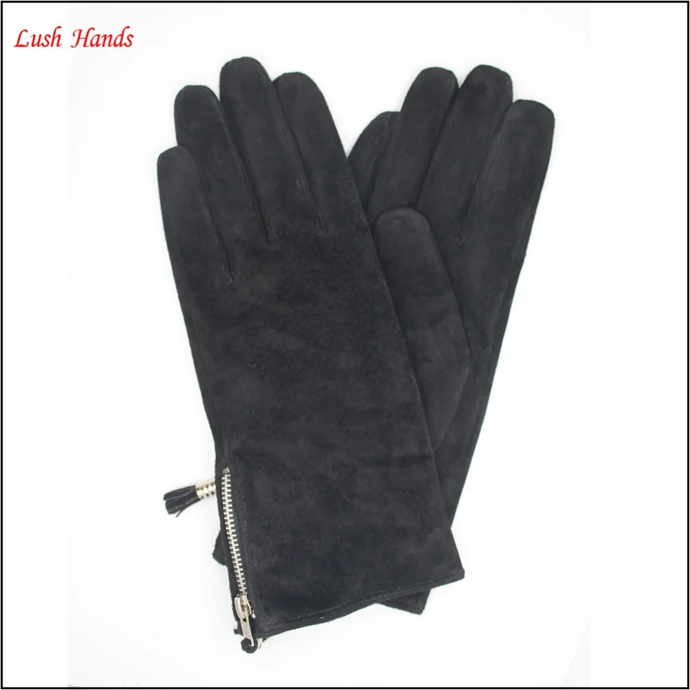 2016 lady's black pig suede gloves with tassels on gloves side