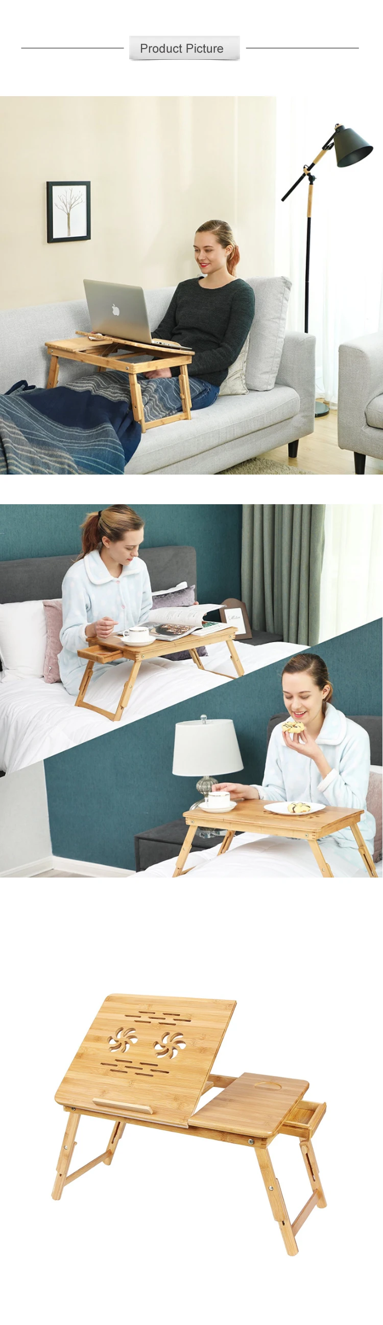 Bamboo Laptop Desk Serving Bed Tray Breakfast Table Tilting Top With