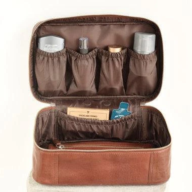 tan leather toiletry bag