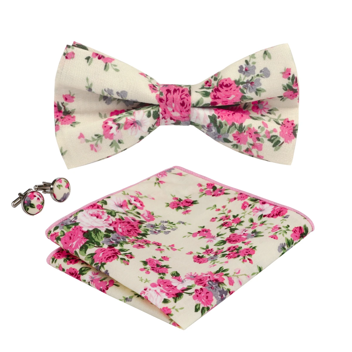 Adjustable Pink Floral Cotton Men Bow Tie Cufflink Pocket Square Buy