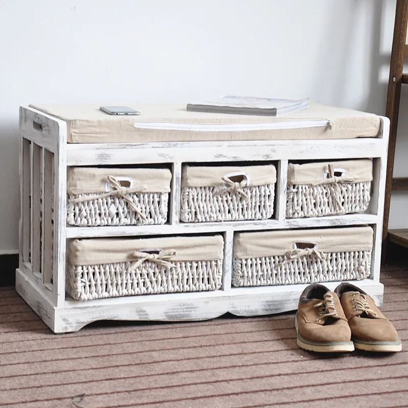 Banc Siège Armoire Rangement Blanc Shabby 5 Paniers En ...