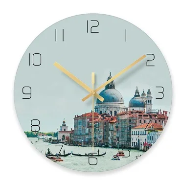 12 inch Modern UV printing Toughened Glass Wall Clock With Landmark Picture