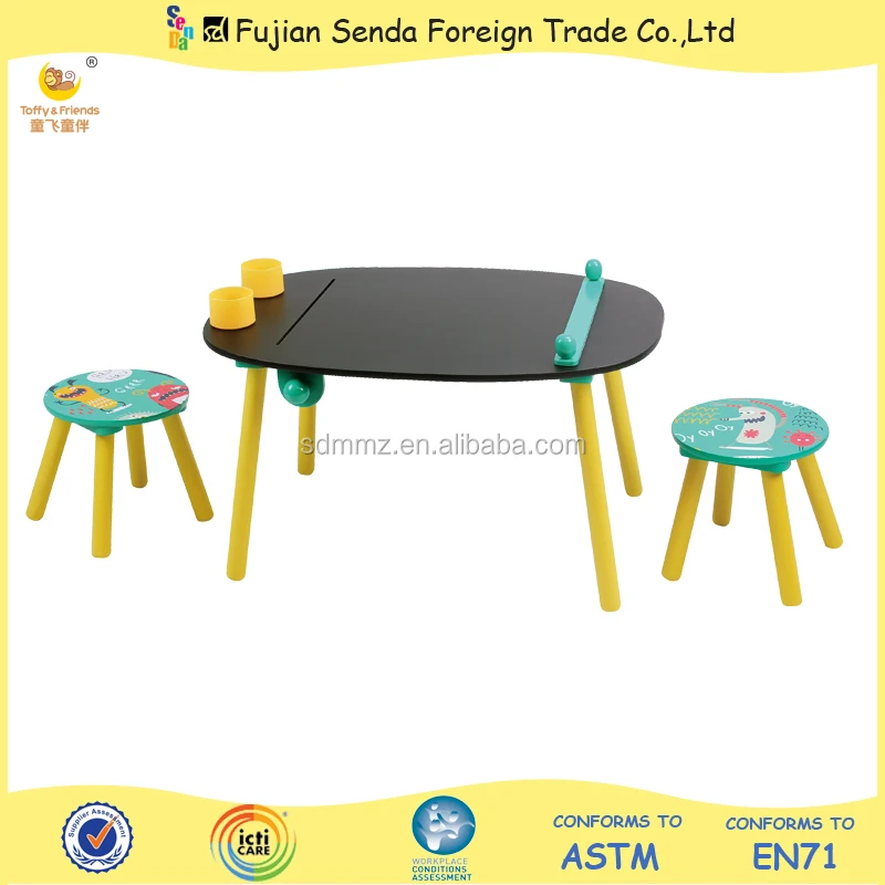 Kids Wooden Table And Bench Set Chalkboard Table And Stool Set With