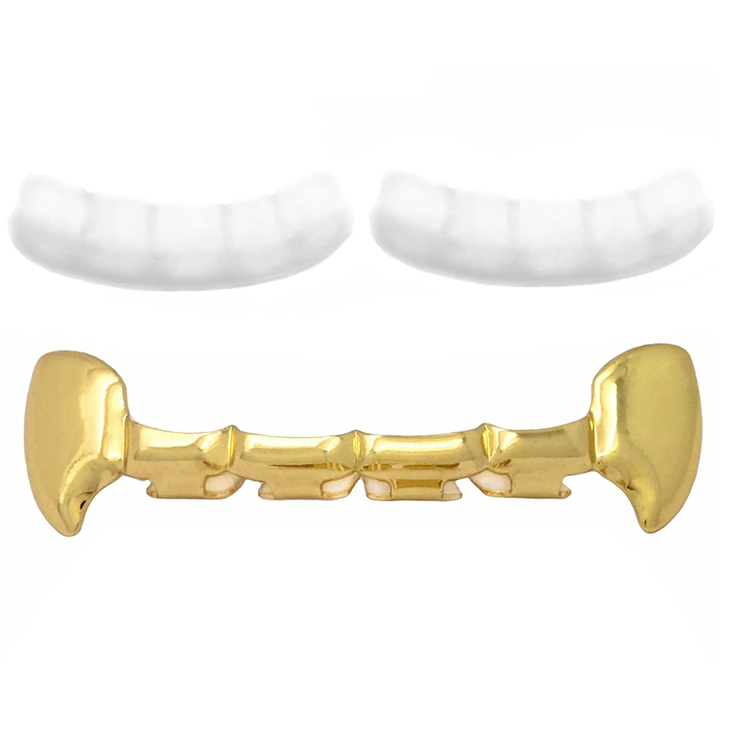 Gold Tone Hip Hop Teeth Grillz Top Fangs with 2 Silicones