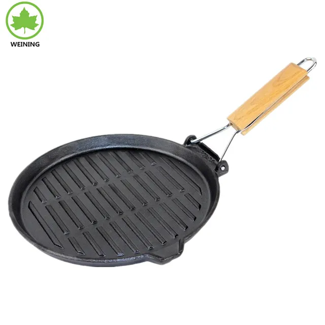 Round Cast Iron Grill Pan With Folded Wood Handle Buy Grill Pan With Folded Wood Handle,Grill