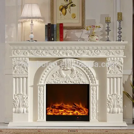 White Artificial Marble Fire Place Flames And Hearth French Style