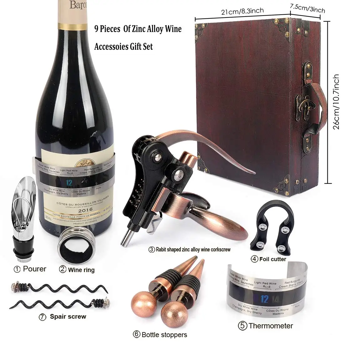 antiguo 01 juegos de regalo – juego de abridor de vino de conejo accesorios de vino RERXN Caja de madera antigua sacacorchos vino tapón y vertedor de vino 