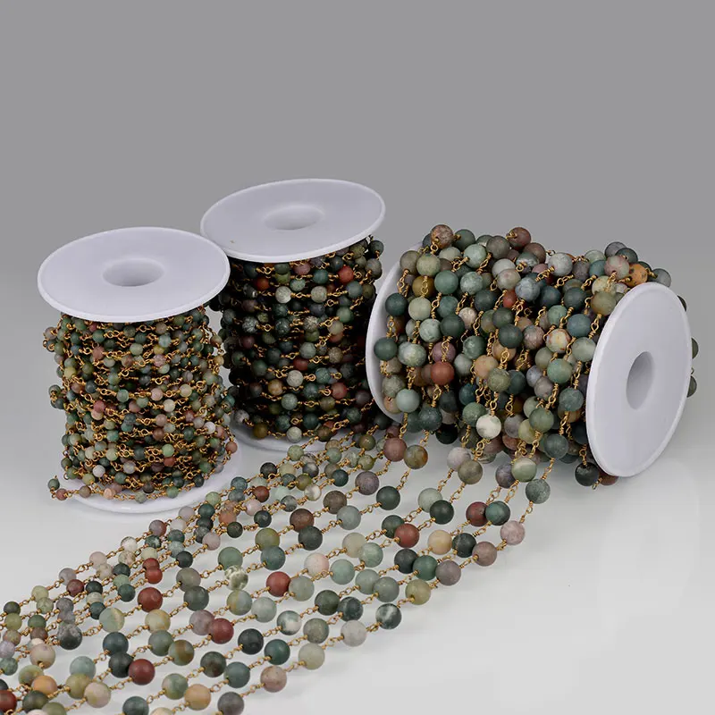 Frosted Fancy Jasper Bead With Brass Wire Wrapped Rosary Chain Beads