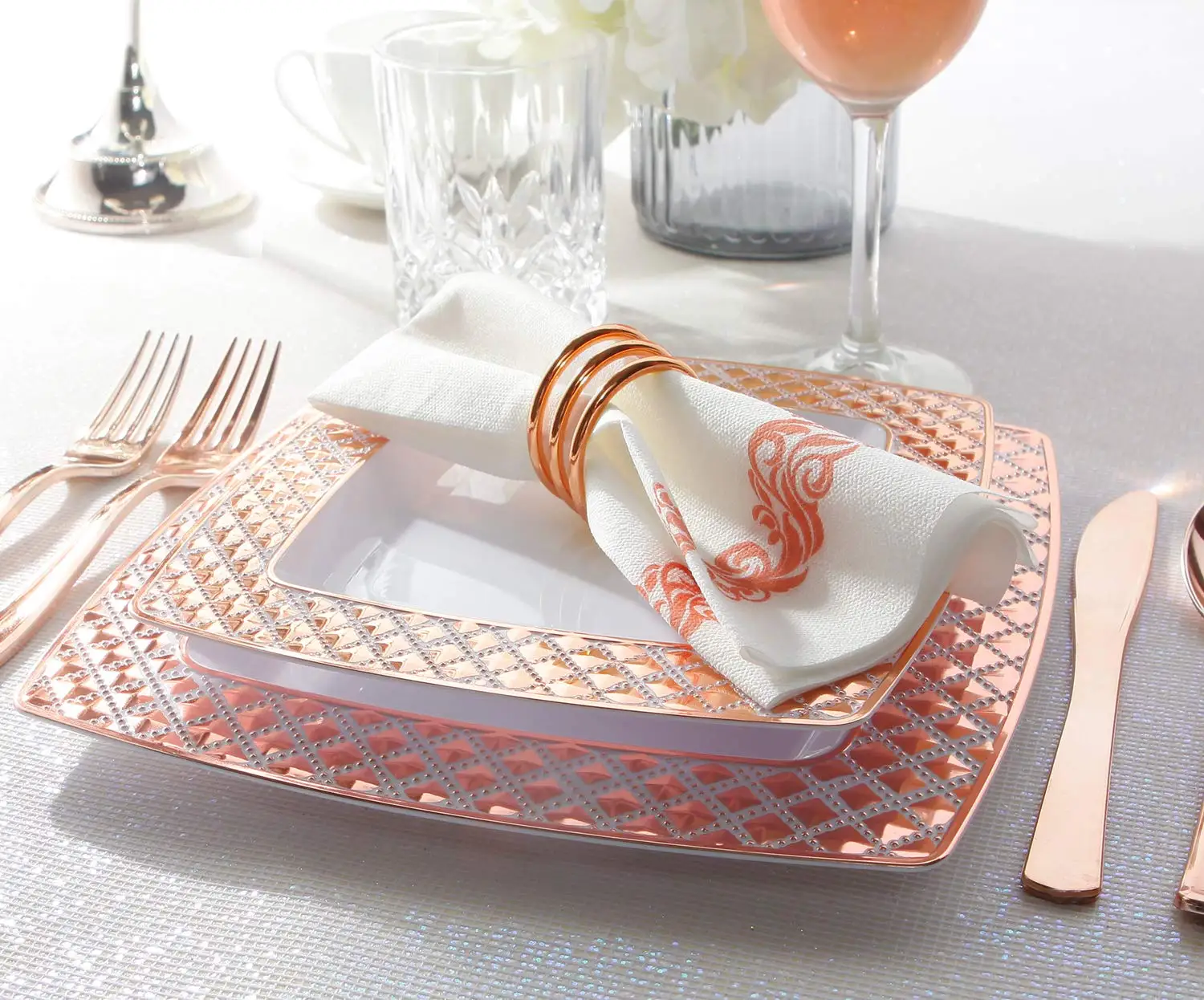 175pcs Rose Gold Plastic Square Plates With Disposable Silverware