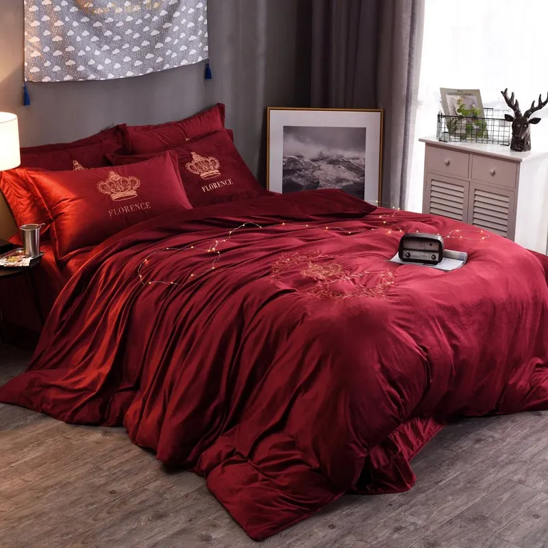 Red Crystal Velvet Embroidery Florence Bedding Set Buy High Quality