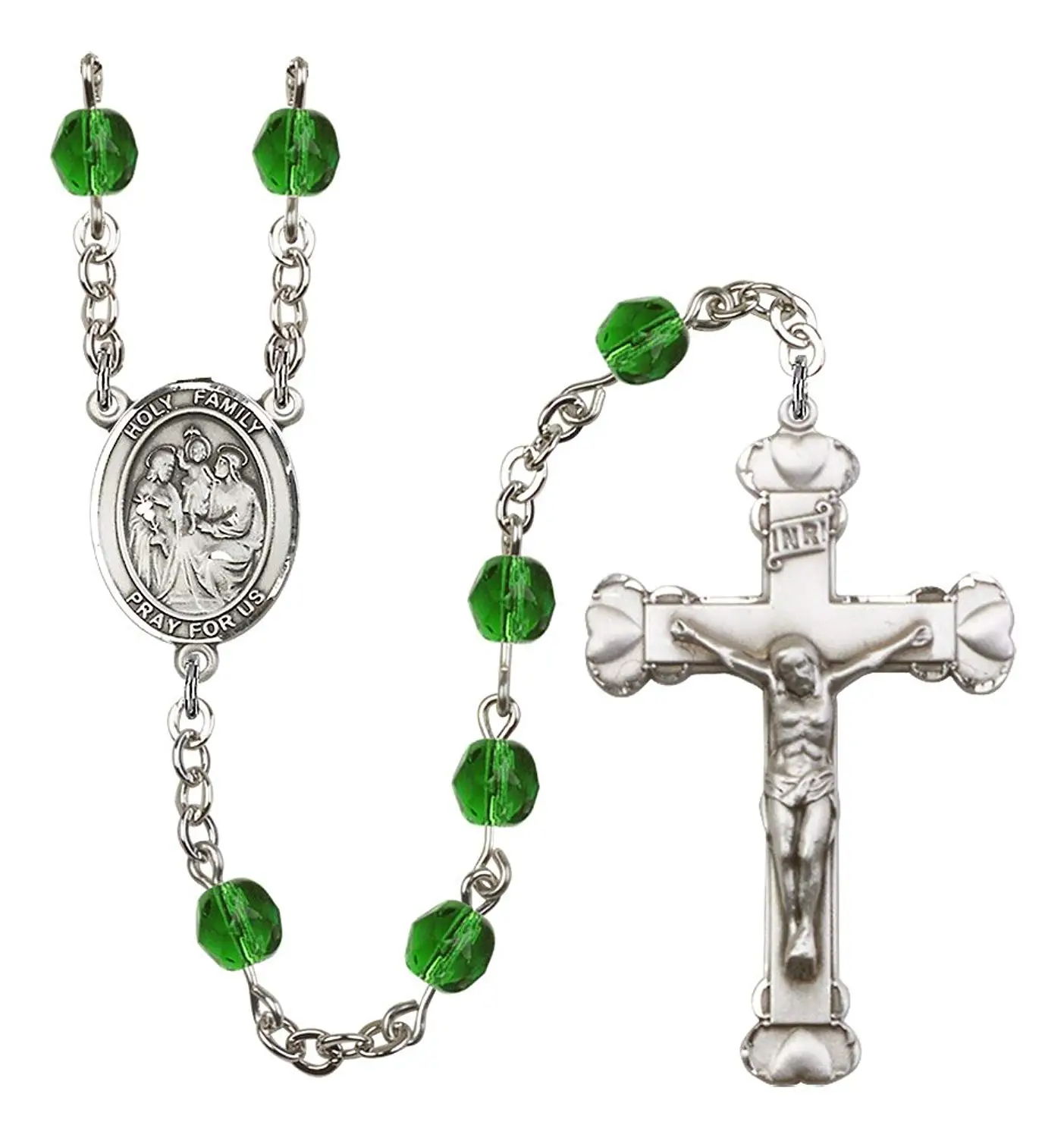 Silver Finish Holy Family Rosary with 6mm Emerald Color Fire Polished Beads, Holy Family Center, and 1 5/8 x 1 inch Crucifix, Gift Boxed