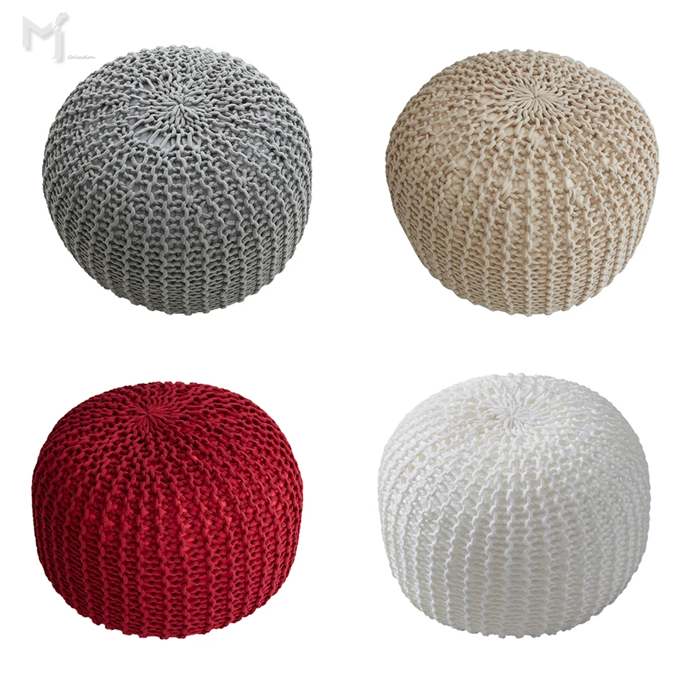 
100% Cotton Knitted Cable floor ottoman handmade footstool stool - 20 Dia x 14 High - color grey 
