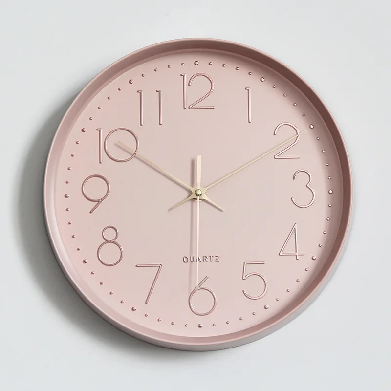 12 inch Modern Fashion Simple Pink Plastic Wall Clock With 3D Rose Gold Numbers