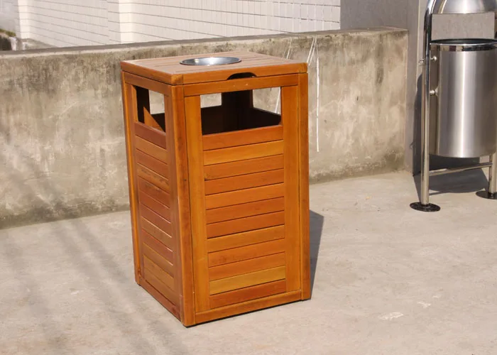 High Quality Outdoor Single Square Wooden Trash Bin With Ashtray For